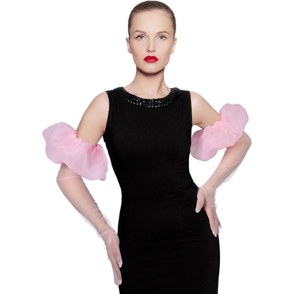Women's Pink Long Puff Tulle Sleeve Gloves Design Sheer Mesh Cocktail Party Prom
